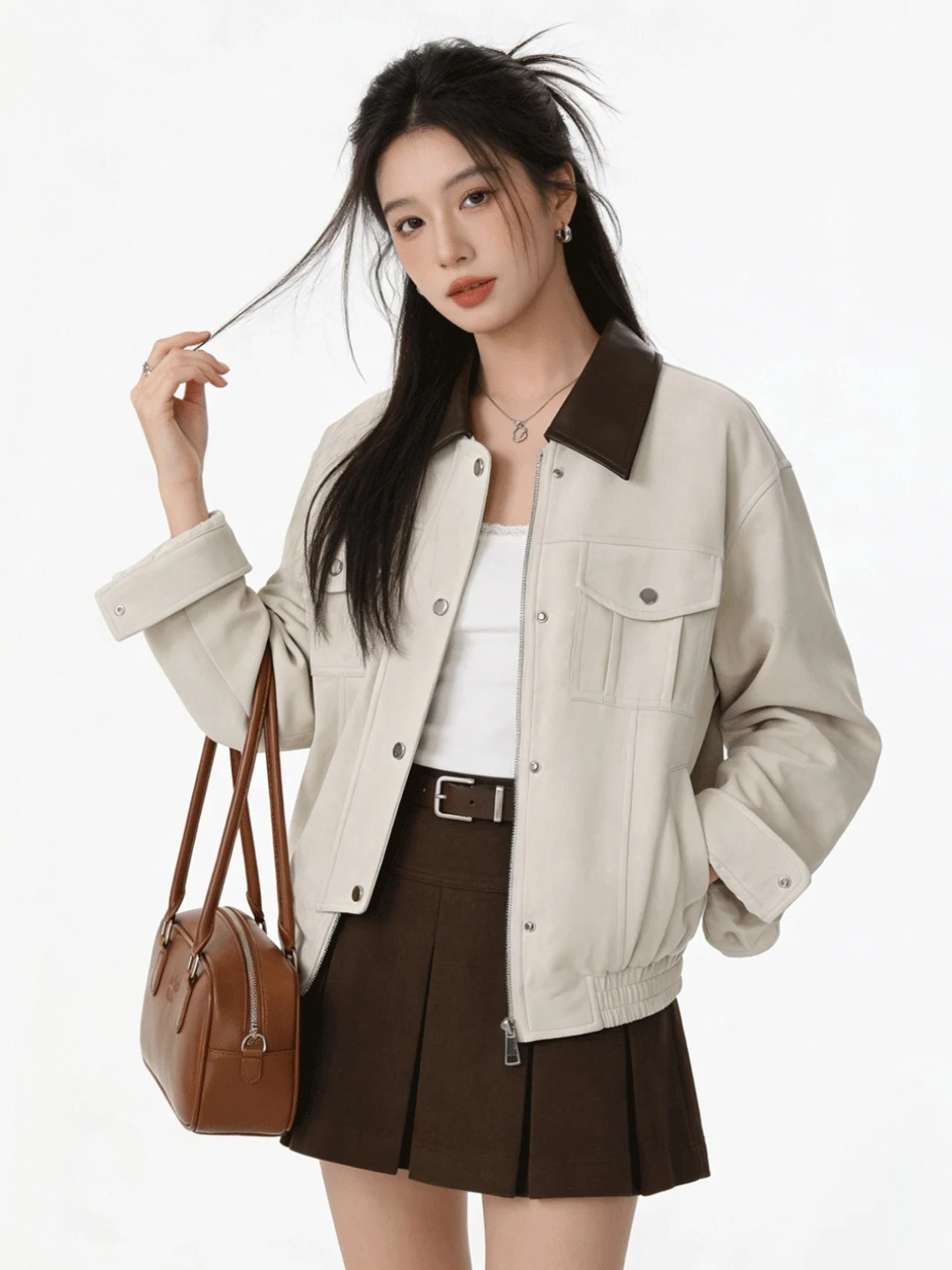 

Suede Short Jacket with Multiple Pockets Korean Style Spring 2026 Women's Fashion Slim Fit Versatile Leather Collar Patchwork