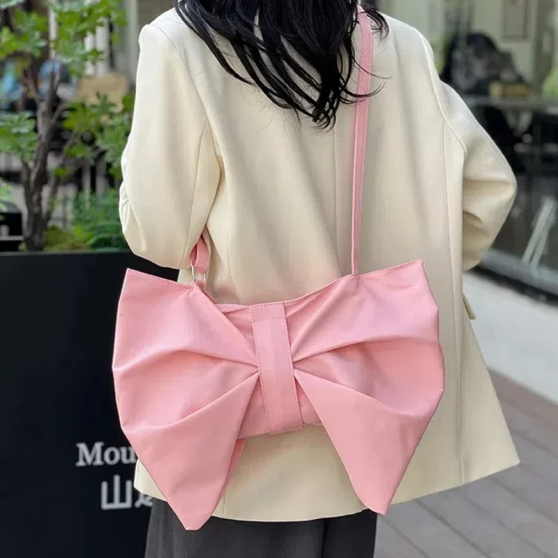 Bowknot Crossbody กระเป๋าผู้หญิงแฟชั่นจีบไหล่กระเป๋าผู้หญิงการ์ตูนนักเรียน Casual ขนาดใหญ่ความจุน่ารักหญิงกระเป๋า