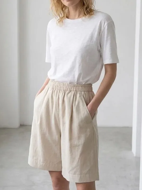 High Waist Wide Leg Casual Shorts  Color Pocket Detail European Style Loose Fit Ladies Pants Straight Tube Silhouette