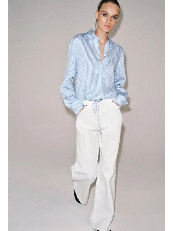 

Minimalist Style Women's Shirt Knot Single Row Button Long Sleeve Striped Loose Fit Polyester Fiber Resistant to De...