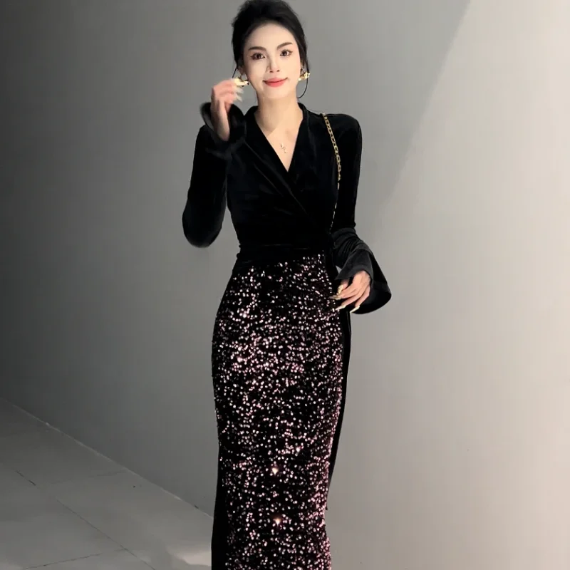 

2025 г. Модное утягивающее новое высококачественное бархатное платье средней длины с блестками