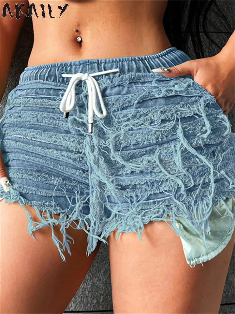 

Akaily Sexy Purple Summer Blue Drawstring Low Rise Denim Shorts Casual For Women 2023 Green Y2k Streetwear Booty Jean Shorts