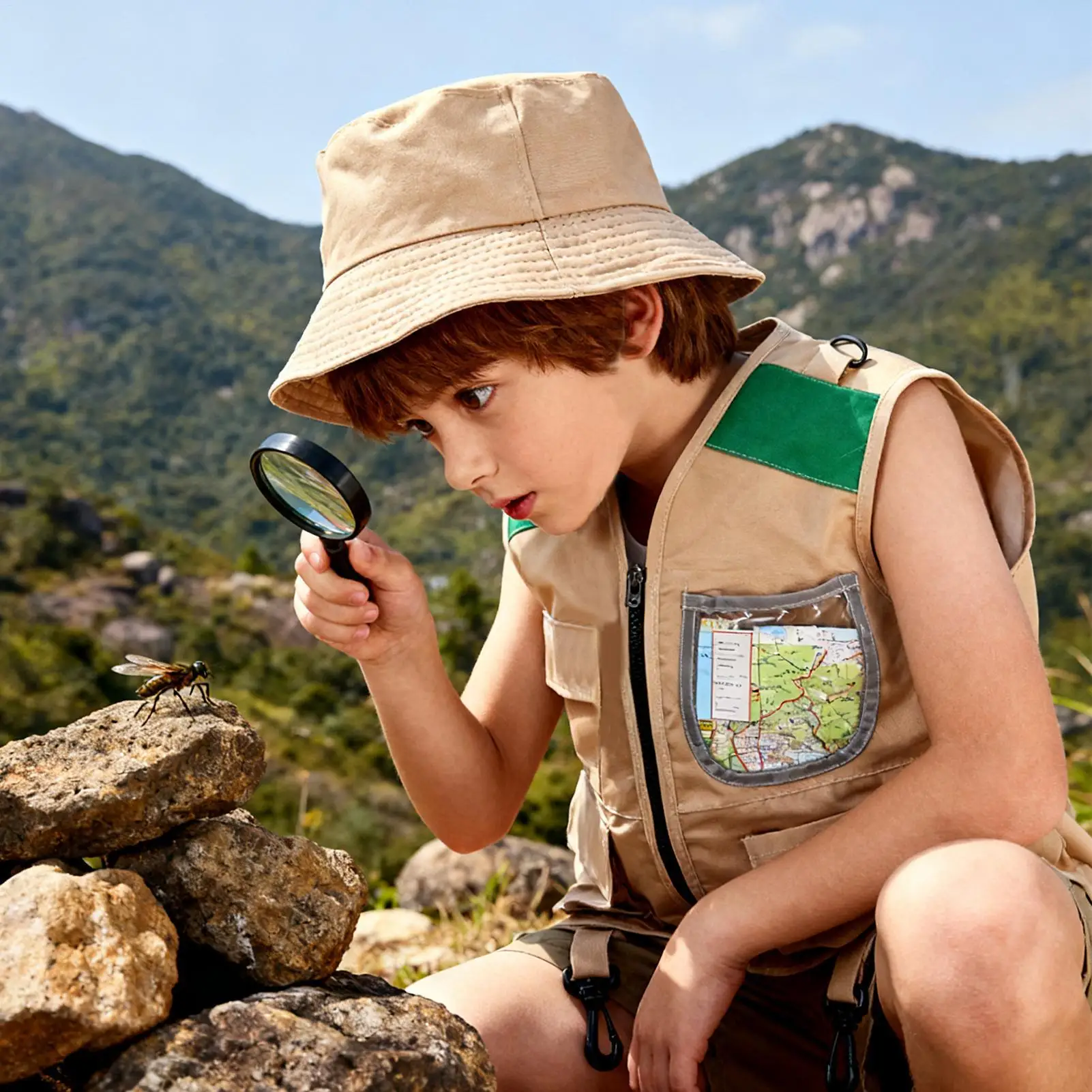 Safari Explorer Costume Kids Role Play Outdoor Adventure Kit Kids Explorer Vest and Hat Costume for Boy Girls Fishing Camping