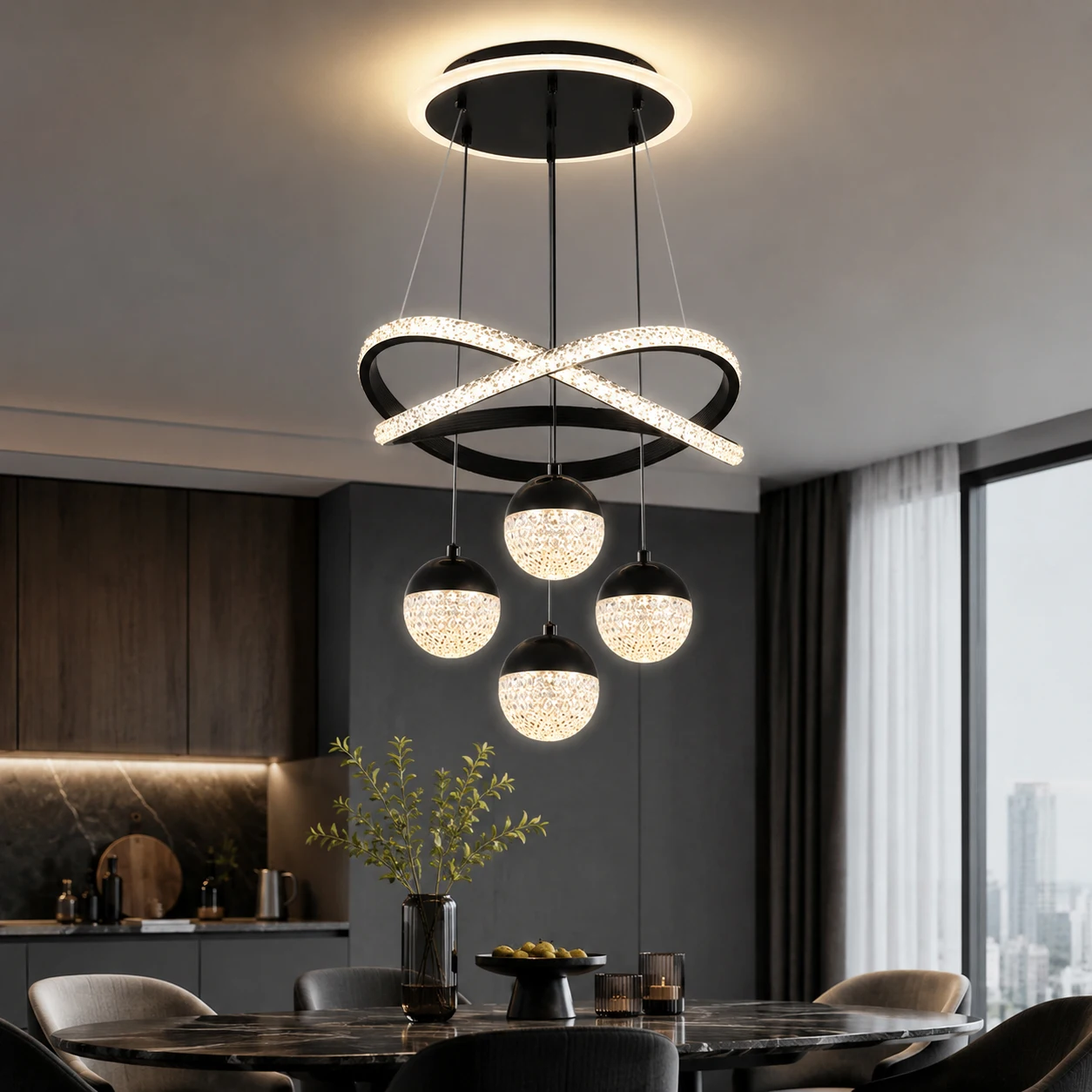 Modern 90W LED Chandelier 3 Color Light Adjustable Hanging Crystal Globe Pendant Lamp for Dining Room Black Gold
