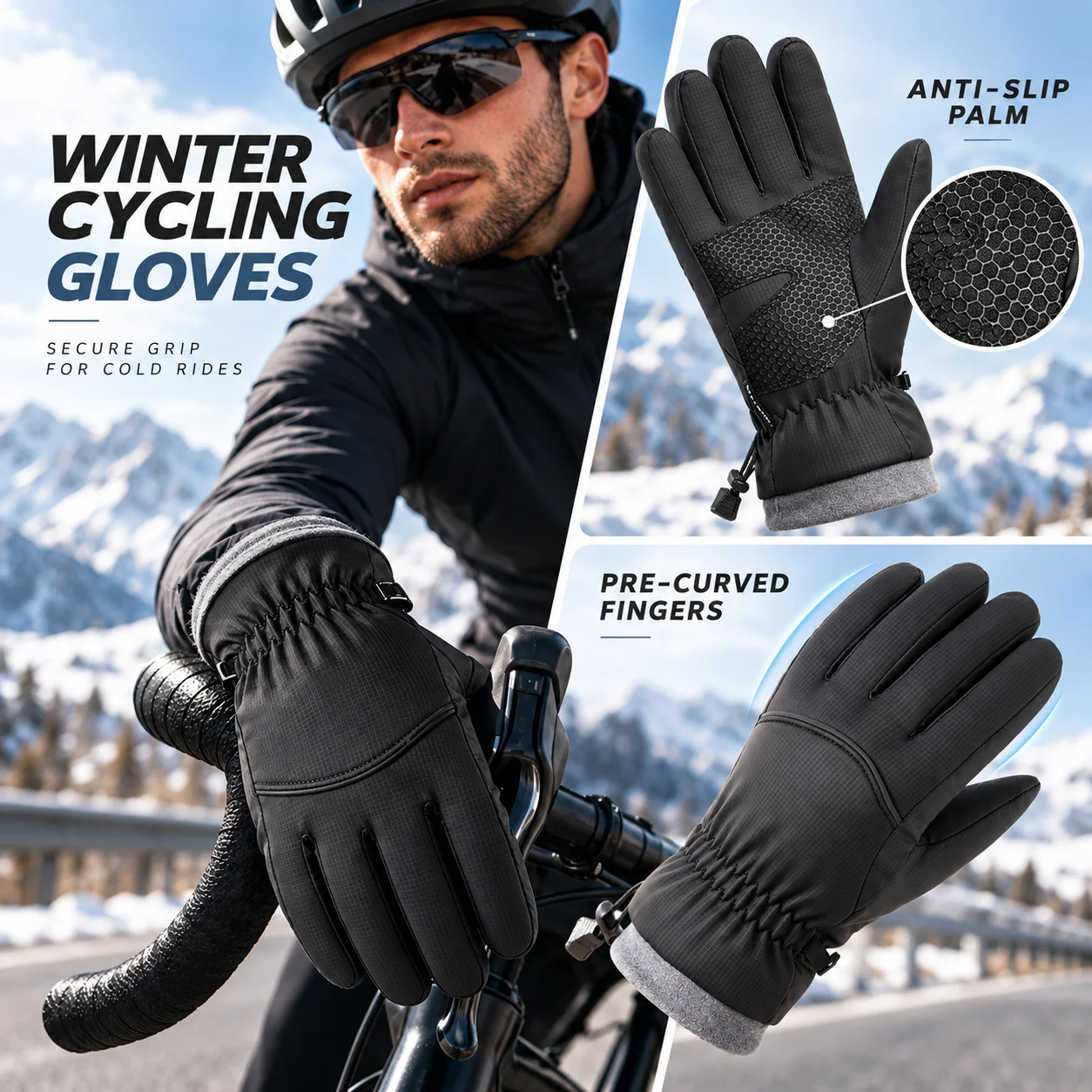 Winter Cycling Gloves for Men, Thermal Fleece Full Finger Bike Gloves, Touchscreen Anti-Slip Gloves for Cold Weather Riding