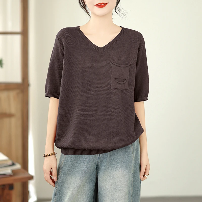 

Breathable Thin Short Sleeve Knitted Loose Women's Top Simple Commute Pure Color Summer New Style Korean Fashion Artistic Style