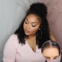 4c Kinky Edges Curly Baby Hair Lace Wigs 180% Density 13x4 Brazilian Short Curly Bob Wigs Human Hair Lace Frontal Wig For Women