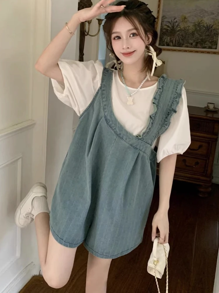 2 Pcs Sets Women Casual Harajuku Students Summer T-shirts Denim Irregular Rompers Popular Loose Korean Style Sweet Age-reducing