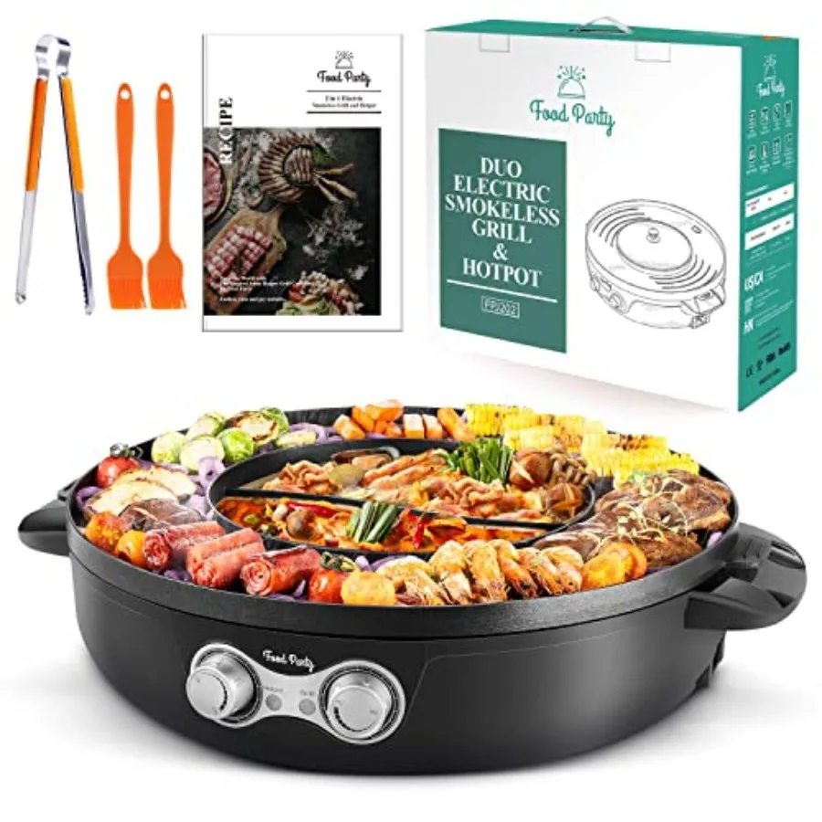 

Indoor hot pot and Korean BBQ grill combo for home use, stainless steel, black, smokeless and detachable for easy cleaning