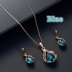 Luxury Fashion Waterdrop Gemstone Necklace Earrings Set Engagement Earrings Pendant Beautiful Rose Gold Wedding Jewelry Set Gift