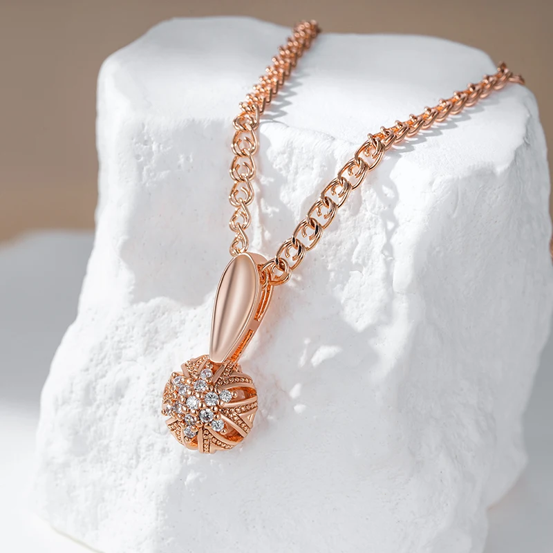 Kinel Unique Crystal Flower Pendant Necklace For Women Luxury 585 Rose Gold Color Natural Zircon Accessories Vintage Jewelry