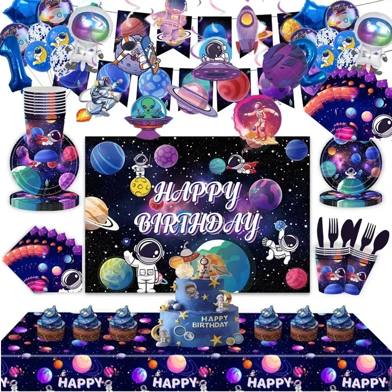 MINISO-Juego de vajilla desechable para fiesta en el espacio exterior, decoraciones para niños, plato de fiesta de cumpleaños, servilletas, suministros para fiesta de galaxia