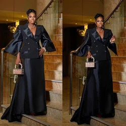 Vintage Double Breasted Women Suits 2 Pieces Elegant Black Jacket Floor Length Skirt Custom Made Evening Gowns
