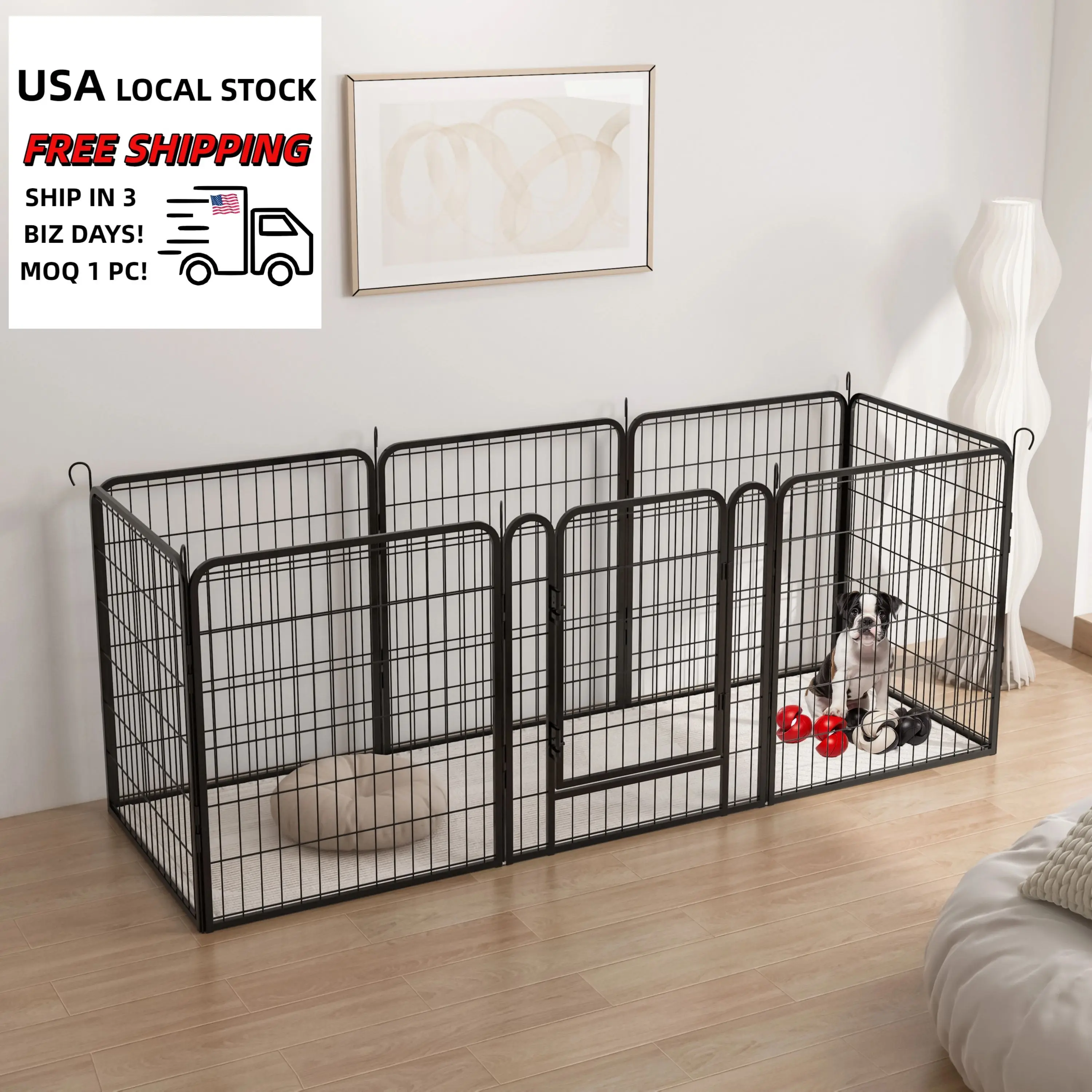 

Modern 8 Panels Heavy Duty Metal Black Dog Kennel Dog Playpen with Door Pet Exercise Pen Easy Assemble