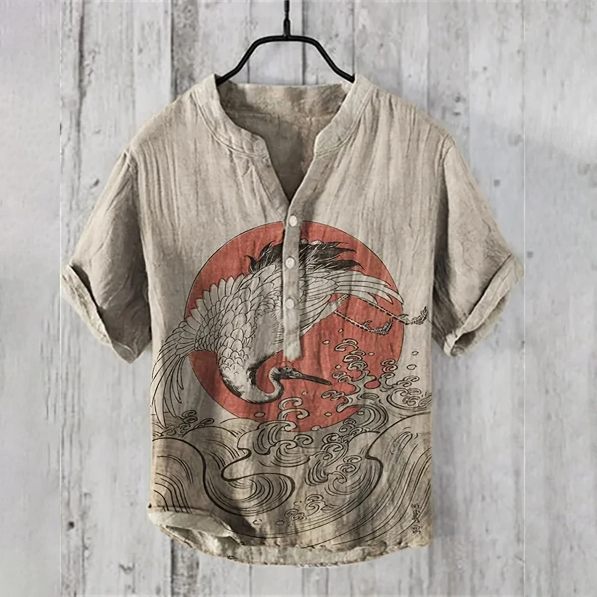 Fashion short-sleeved linen shirt men\'s floral series cotton and linen casual loose linen literary 3D HD printed shirt