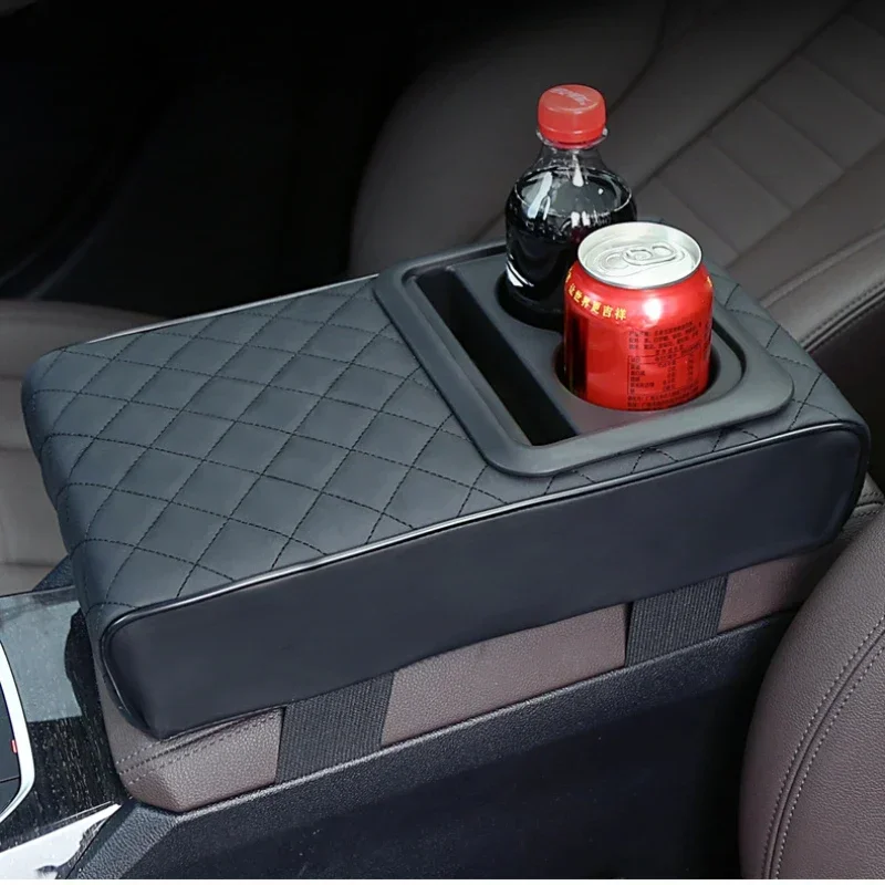 Auto Center Console Armrest Cushion With 2 Cup Holder PU Leather Armrest Pad Portable Car Amrest Pillow Cover Height Pad