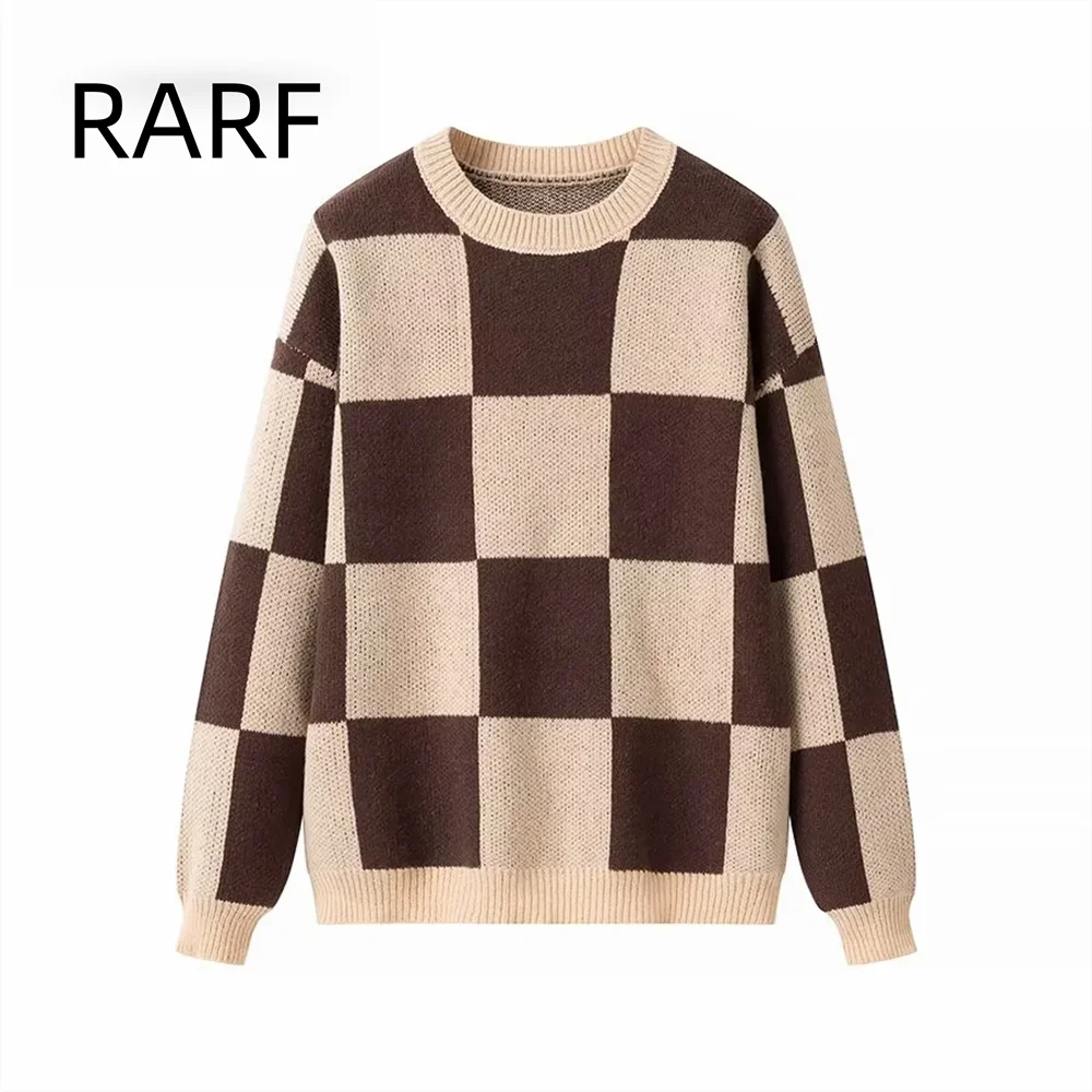 Design sense block color blocked mountain girl round neck warm glutinous sweater loose pullover knitted base top