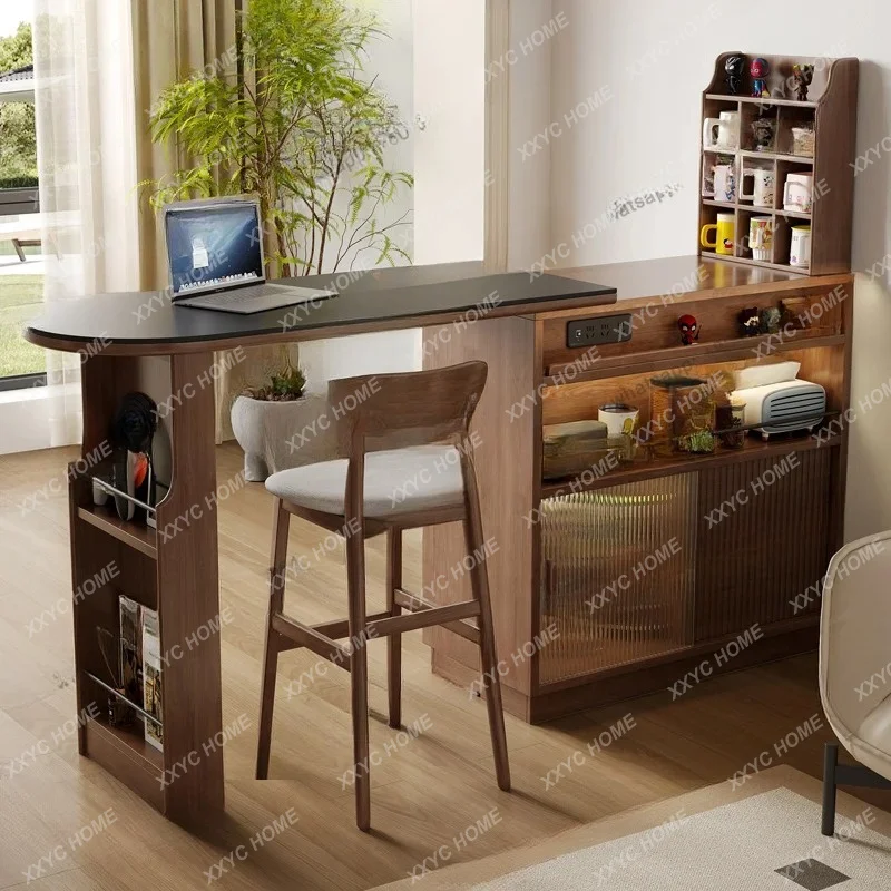 

55Solid wood bar counter Small apartment retractable dining side cabinet Walnut color island tabl partition porch locker