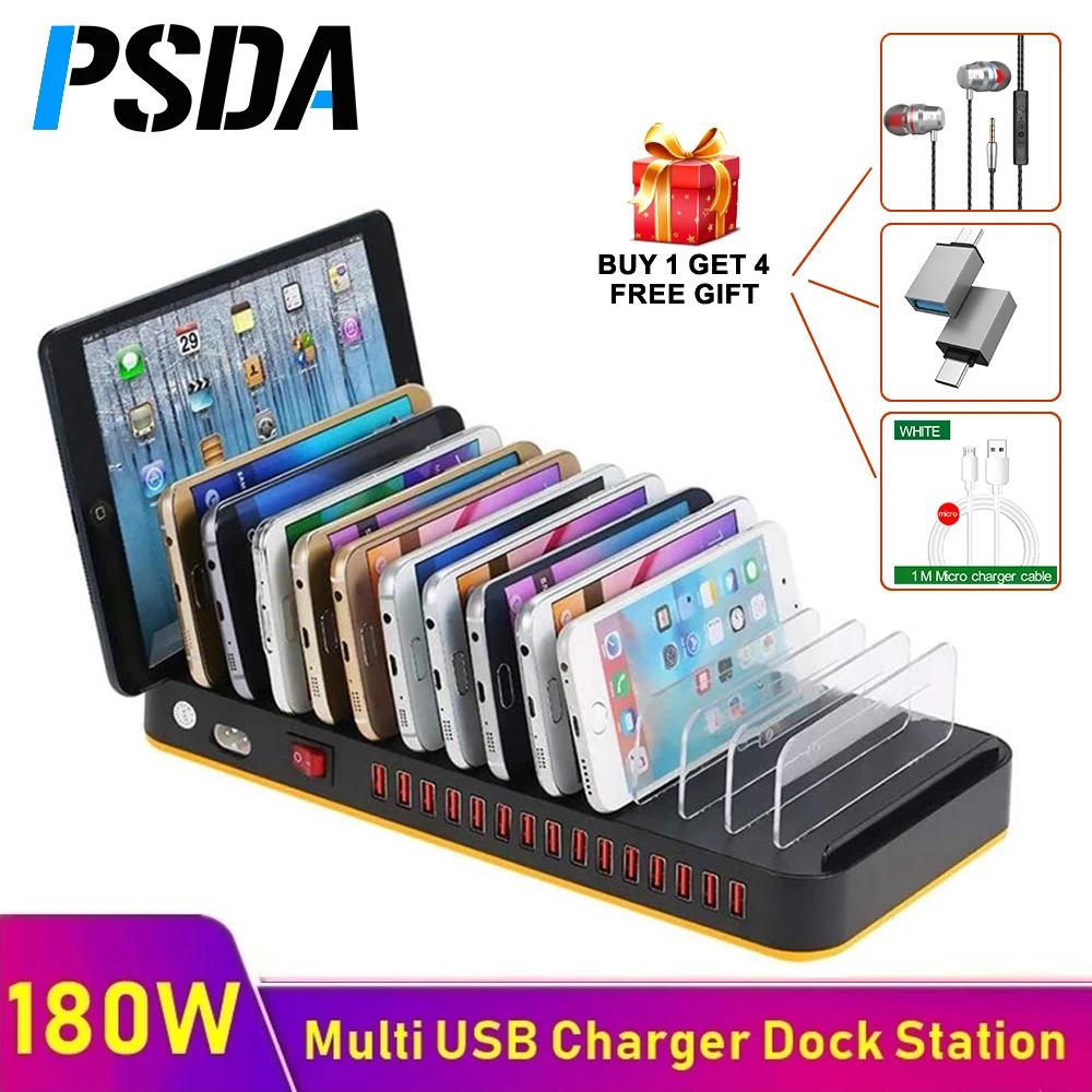 PSDA Buy 1 Get 4 Universal Quick USB Charger Multi 15 Port 100/180W 3.0 PD Fast Charge Mobile Phone Charging Station Organize