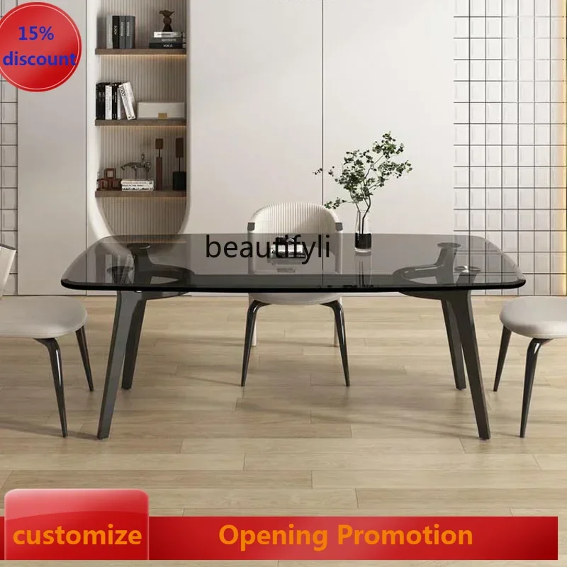 

ss7486 Minimalist Glass Dining Table Rectangular Dining Table Household Small Apartment Designer Suspension Tempered Glass Table