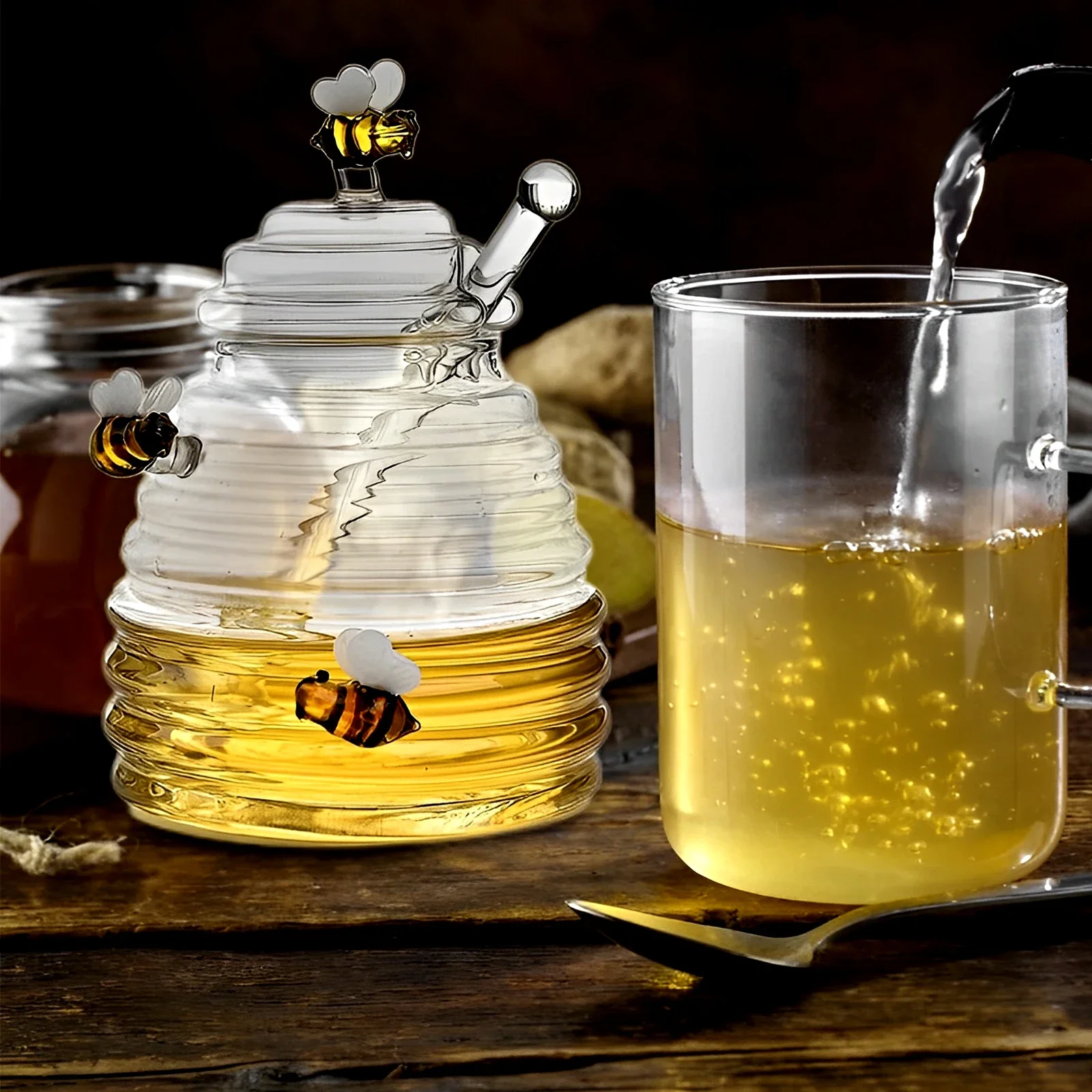 Clear Glass Honey Jar Honey Dispenser Large Capacity Honey Bottle Food Storage Containers with Dipper Stick Lid Kitchen Supplies