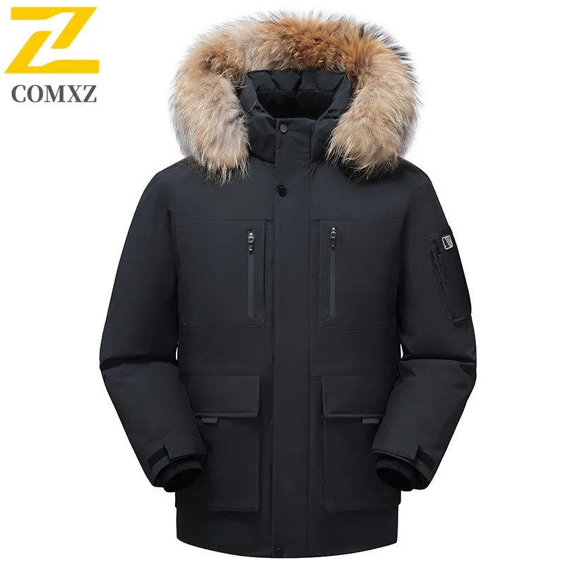 سترة مبطنة للرجال من COMXZ، معطف فاخر بقلنسوة للتزلج في الهواء الطلق ومقاوم للبرد، نمط يومي بسيط، ملابس شتوية خفيفة الوزن للرجال