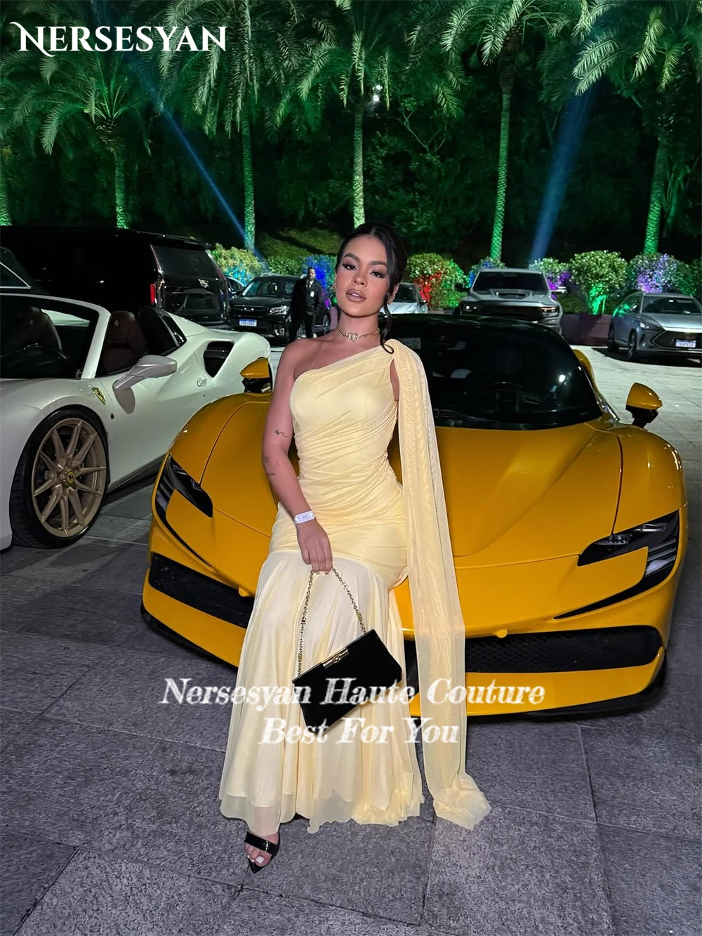 Nersesyan – robe de soirée de forme sirène, asymétrique épaule dénudée, manches Cape, plissée, élastique, robes de bal, personnalisées, 2025