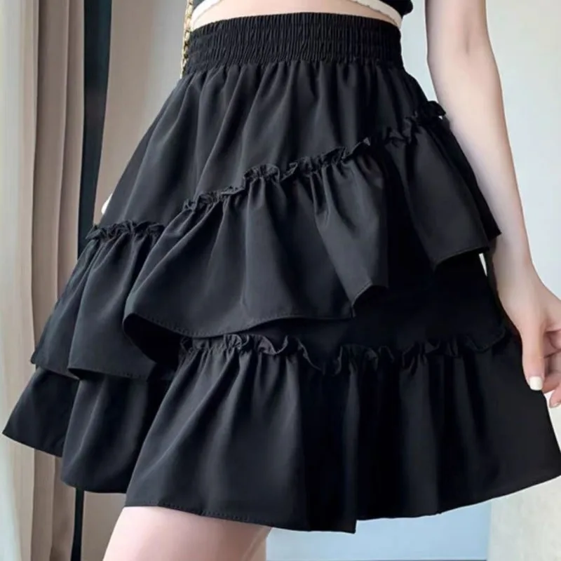 تنورة نسائية قصيرة أنيقة عالية الخصر على طراز Kawaii لعام 2025 تنورة قصيرة للخريف غير منتظمة من أوراق اللوتس على شكل حرف a تنانير كعكة منتفخة غير رسمية