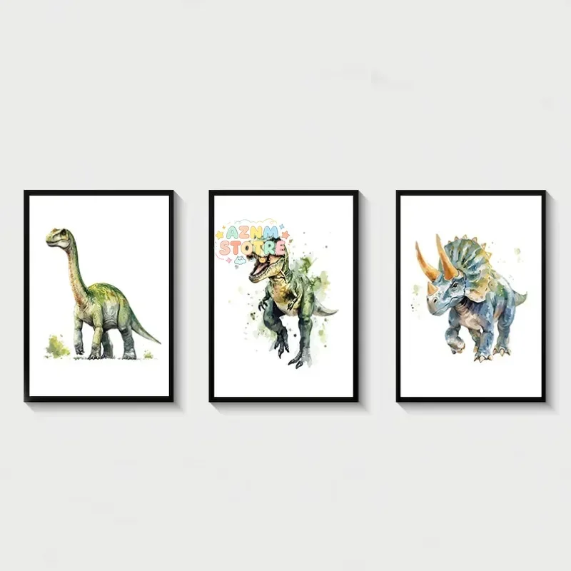 Watercolour Dinosaur Nursery T-Rex Triceratops Animal Drawing Poster Canvas Painting Wall Art Pictures Home Boy‘s Room Decor