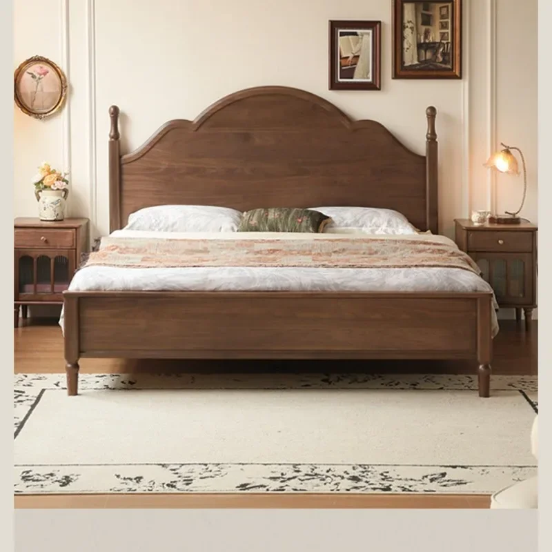 

Solid wood bed American large board bed, antique double bed in the bedroom, home retro black walnut bed light luxury furniture