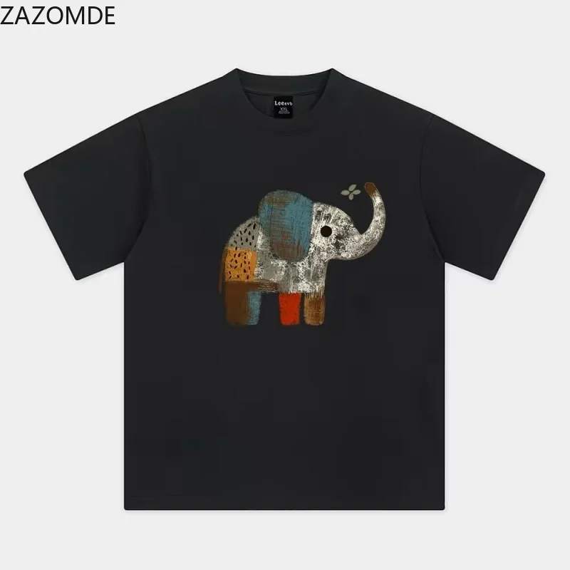 ZAZOMDE Vintage Patchwork Elephant Graphic T-shirt Hand Drawn Color Block Animal Print O Neck Oversized Loose Unisex Summer Tees