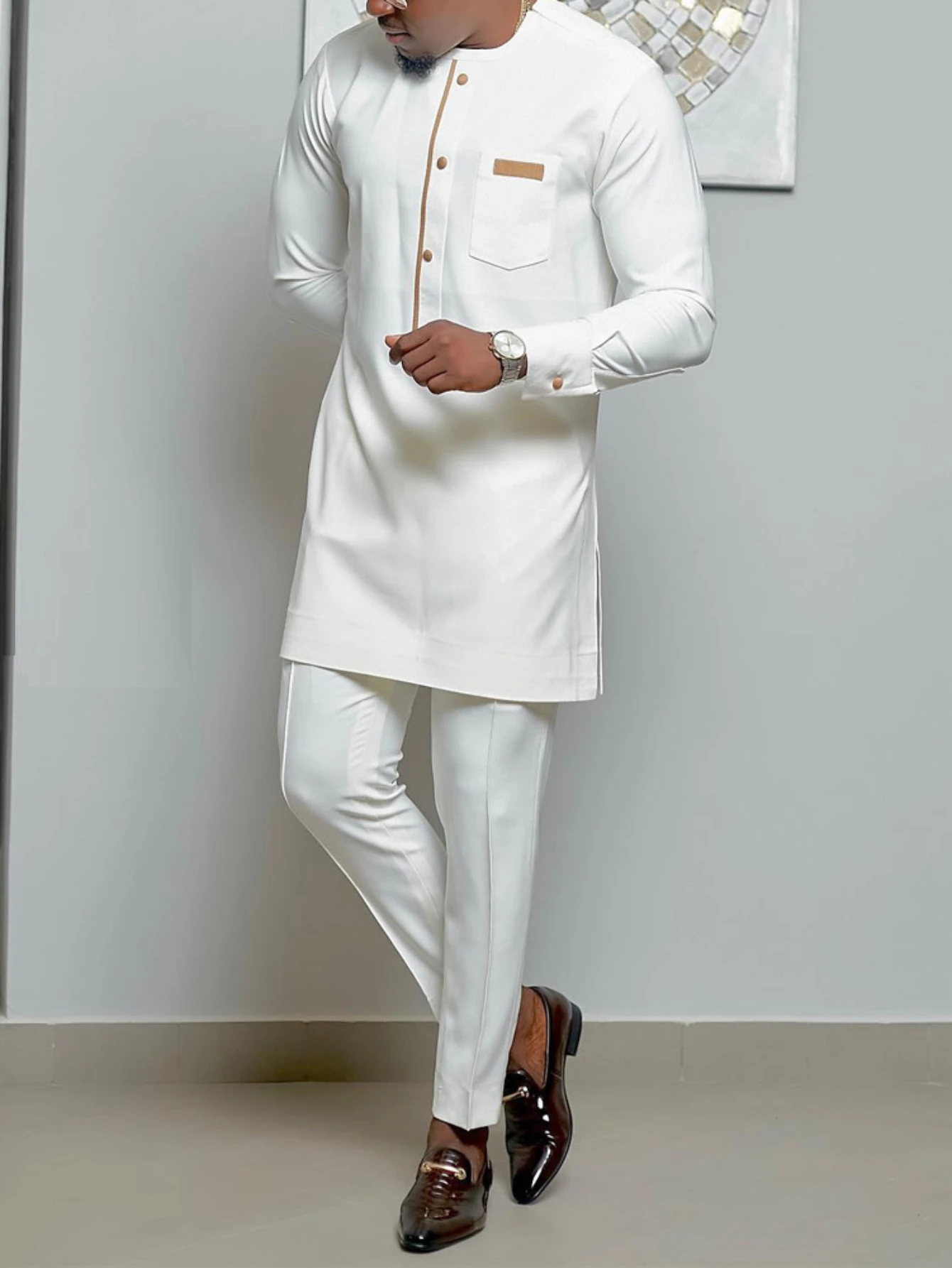 African Men Party Suit Round Collar Long Sleeves Pocket Splice Top Pants Two Piece Set Africa 2024 Summer Gentleman Outfits
