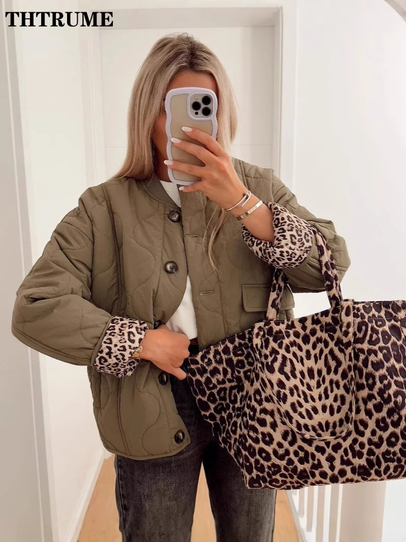 2024 New Leopard Print Jackets Fashion Women Autumn Single Breasted O-Neck Button Coats Elegant Cotton Outwear Quilted Jacket