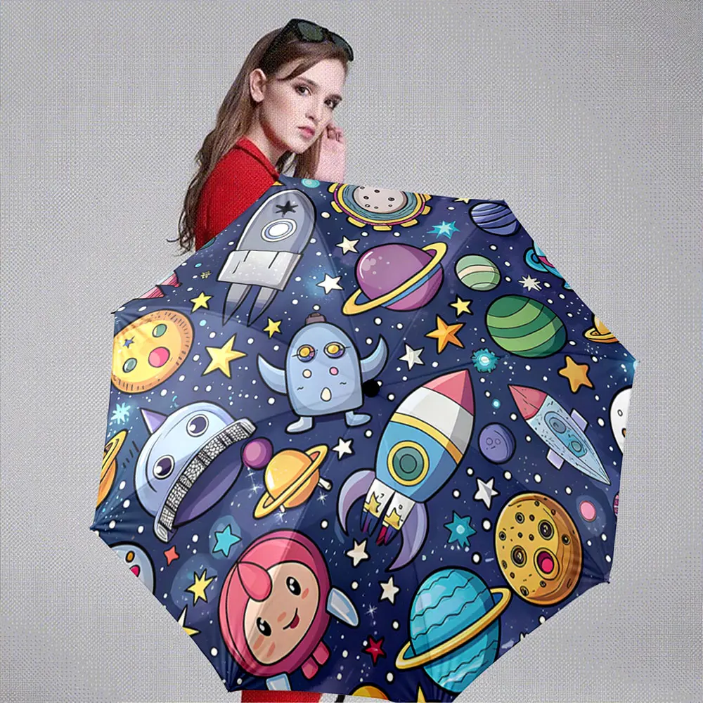 Cartoon Space Theme with Rockets, Planets, and Stars Umbrella portable waterproof sun rain umbrella for outdoor travel beach