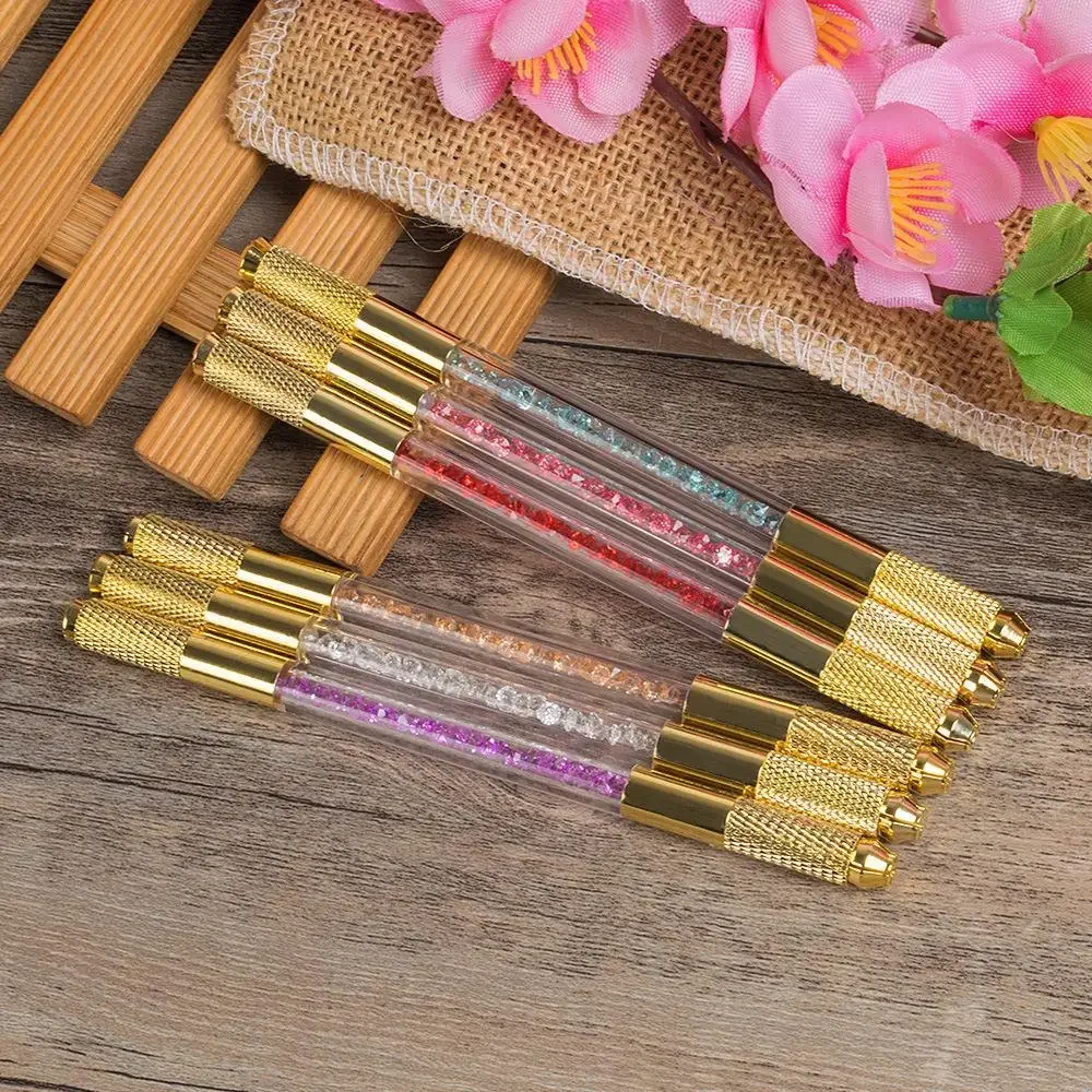 1Pc Gouden Handmatige Dubbele Kop Kristal Acryl Tattoo Pen Mistnaalden Rond Naalden Microblading Permanente Make-Up Tool Handmatige Pen