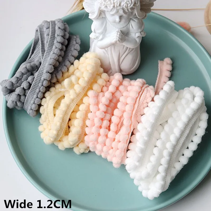 1.2CM Wide Colors Plush Balls 3d Lace Ribbon Embroidered Pompom Fringe Ribbon Dress Apparel Hamdmade Tassel DIY Sewing Decor