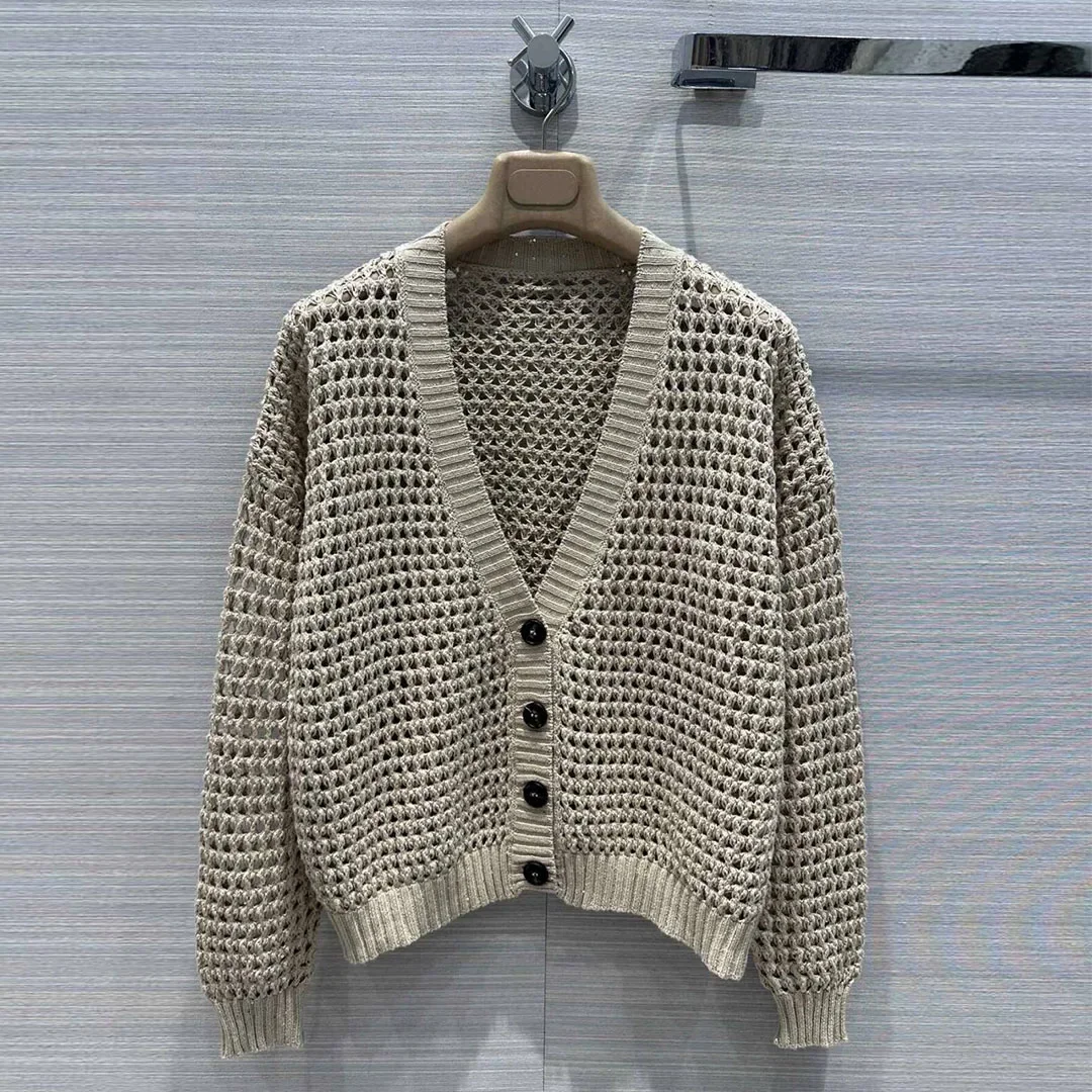 

2024 New Fashion Solid Hollow Out Crochet Sequins Cardigan Sweater Women V-neck Long Sleeve Single Breasted Casual Knitwear Coat