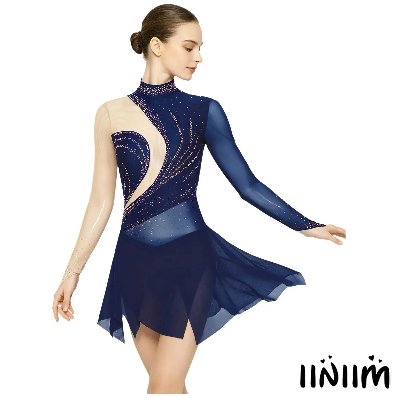 

Women Latin Dance Bodysuit Dress Rhinestone Sheer Mesh Long Sleeve Irregular Hem Color Block Dress for Gymnastics Figure Skating