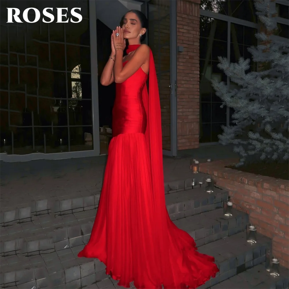 

ROSES Red Simple Prom Dress Strapless Celebrity Dress Pleated Mermaid Women's Evening Dresses with Train Formal Gown Customized