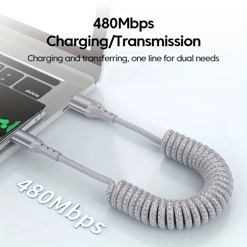 New 100W USB Type C PD Car Spring Cable Fast Charging 480Mbps Transmission USB C Data Cord For iPhone Huawei Xiaomi Samsung