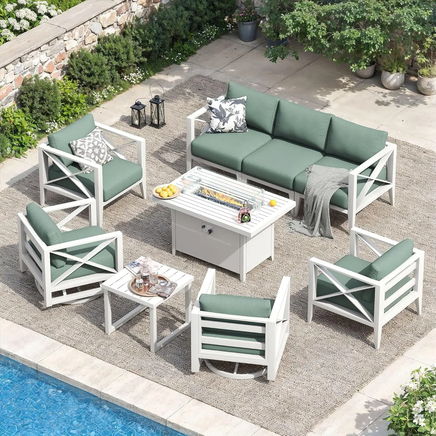 

Алюминиевый комплект мебели для патио с увеличенным столом-очагом, 9-предметный всепогодный набор для отдыха на открытом воздухе, с возможностью индивидуальной настройки