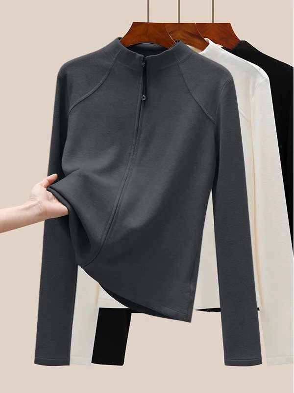 

2026 New Women's Long Sleeve Sweatshirt Double Zipper Stand Collar Warm German Velvet Slimming Fashionable Top Outerwear