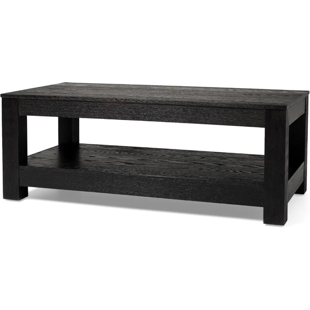 2 Tier Rustic Rectangle Wooden Center Coffee Table with Shelf Storage for Living Room in Weathered Black Finish