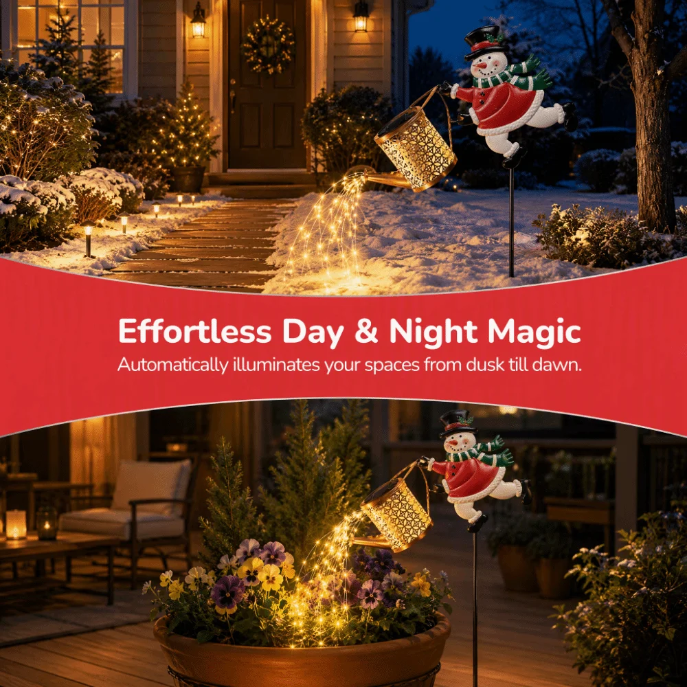 Warm LED String Christmas Snowman Light Outdoor Solar Powered Metal Construction Snowman Watering Can Decoration Hanging Design