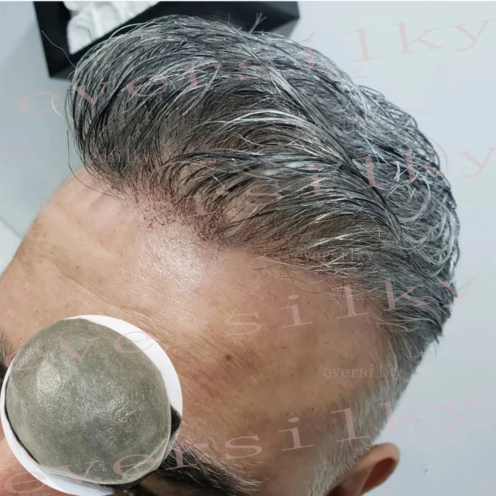 Super Ultra Thin Full Skin PU Men Toupee Grey Black 1B40 1B65 1B80 Natural Hairline Human Hair VLoop Microskin 0.02mm Prosthesis