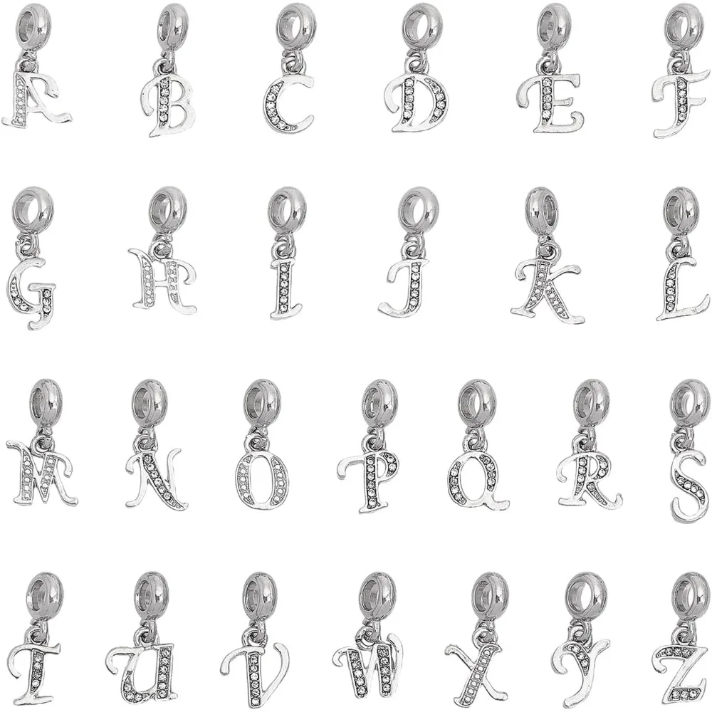 26Styles A-Z Letter Charms Rack Plating Alloy Crystal Rhinestone European Dangle Charms Large Hole Pendants Letter Links