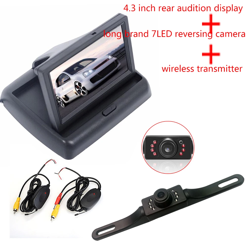 4.3 Inch In-Dash 480x234 Foldable Rear View Monitor Add CCD Night Vision Car Camera +Wireless Transmitter Receiver