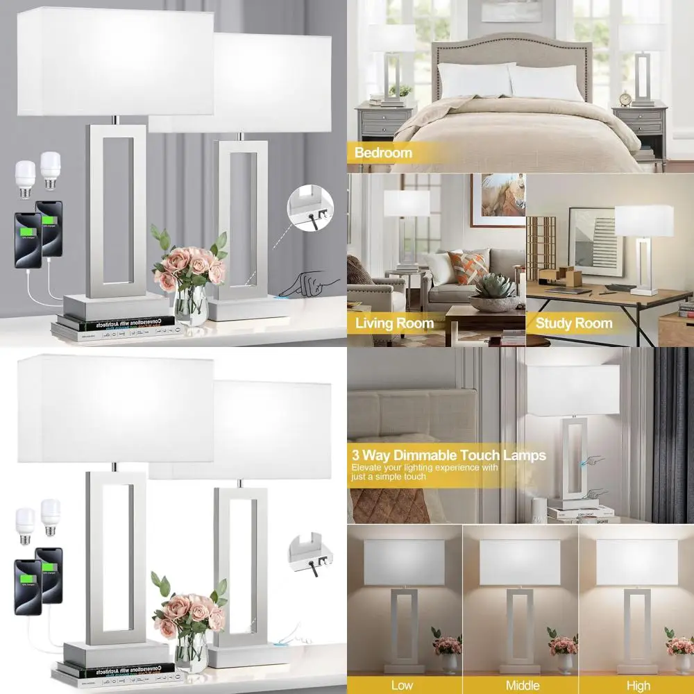

Seealle 22" Tall Bedroom Lamps for Living Room - Touch Brushed Nickel Bedside Lamps with USB C+A, 3 Way Dimmable Lamp for Nights