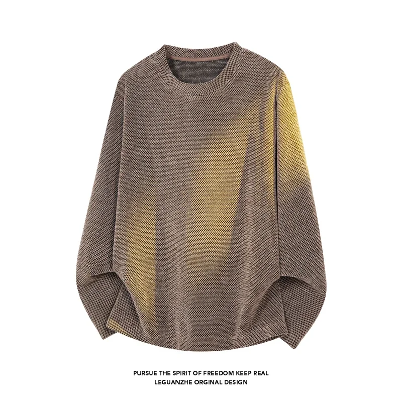 Mens Crew Neck Long Sleeve Knit Top Faded Wash Gradient Pattern Oversized Cut Soft Textured For Youth Streetwear