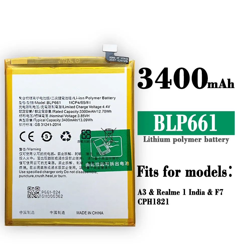 BLP661  Replacement Battery For OPPO A3 A3m F7 CPH1821 Realme 1 Mobile Phone Built-in New Large Capacity 3400mAh bateria